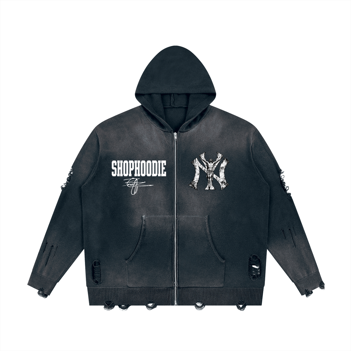 SHOPHOODIE® AVANT-GARDE NY Distressed Full-Zip Oversized Hoodie — 760 GSM — product image 7