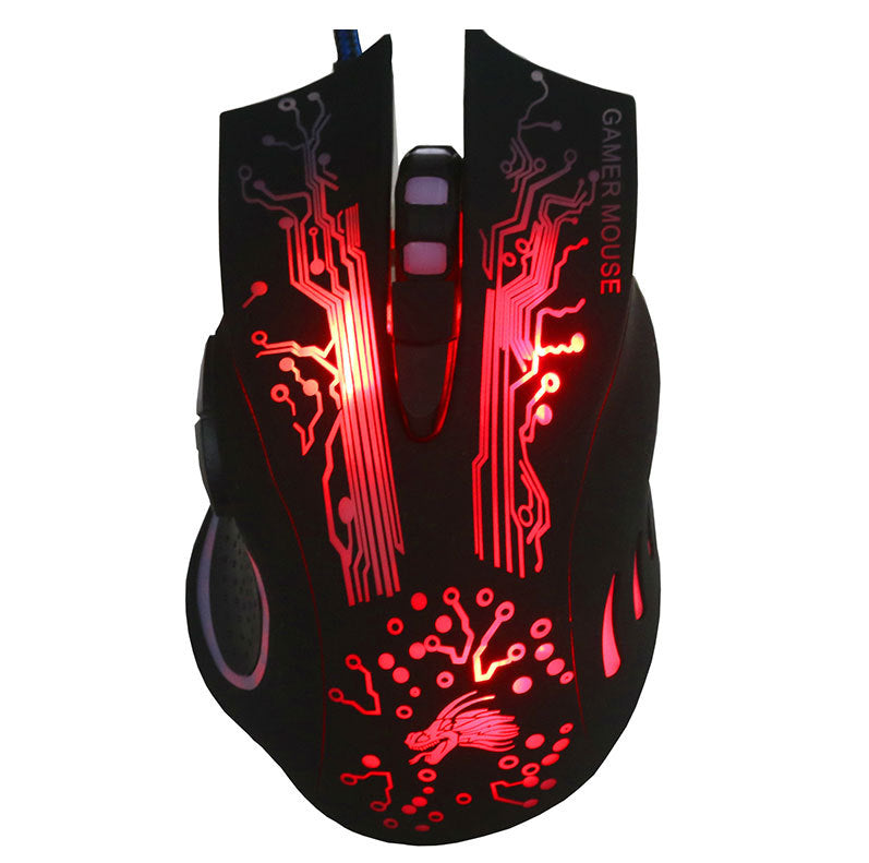 Gaming mouse with red circuit design on a white background
