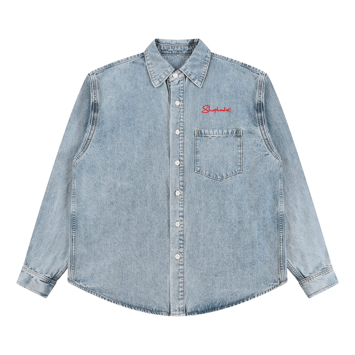 SHOPHOODIE® LONDON SIGNATURE Vintage Wash Denim Shirt — 320 GSM detail view