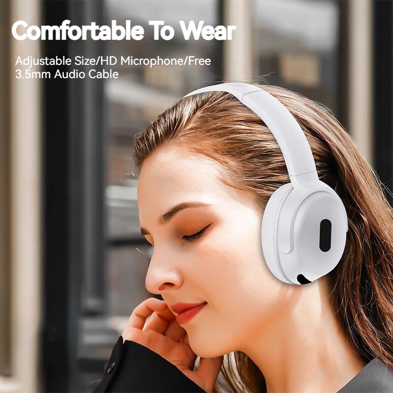 Woman wearing white headphones with text highlighting features like adjustable size, HD microphone, and free 3.5mm audio cable.