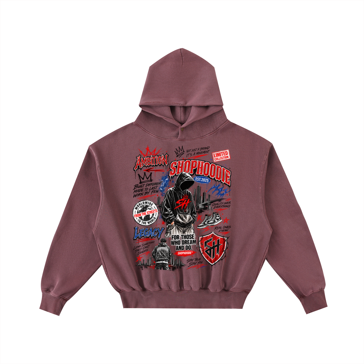 SHOPHOODIE® LONDON AMBITION IN MOTION Frayed Vintage Wash Oversized Fleece Hoodie — 350 GSM — product image 9