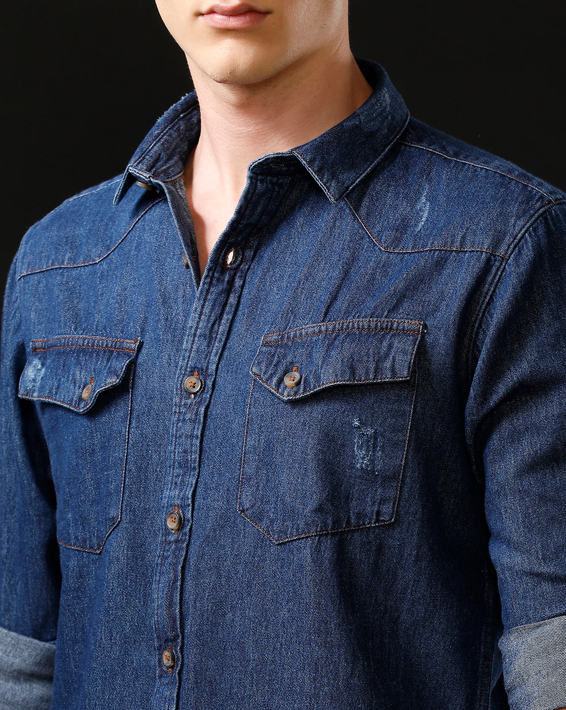Men's Slim Fit Solid Denim Casual Shirt (ANKUS)