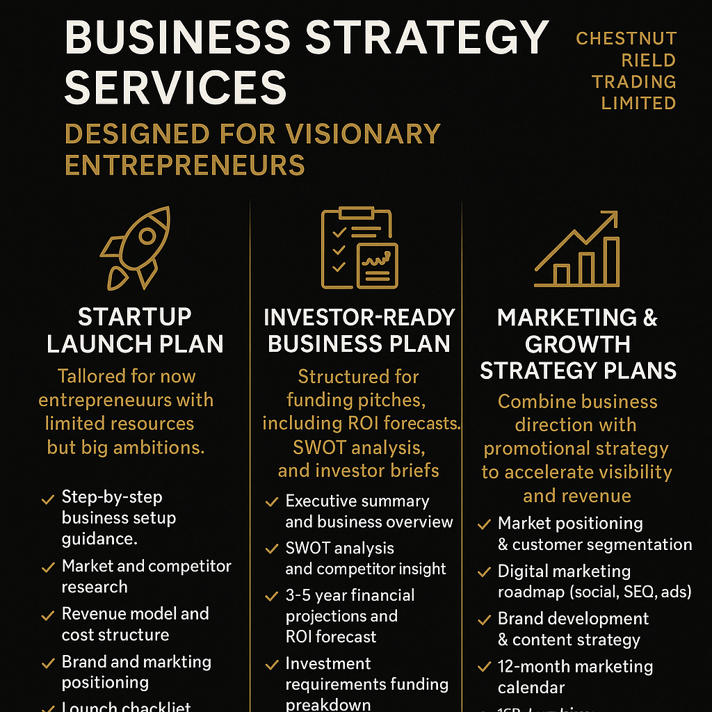 Promotional graphic for business strategy services with icons and text on a black background.
