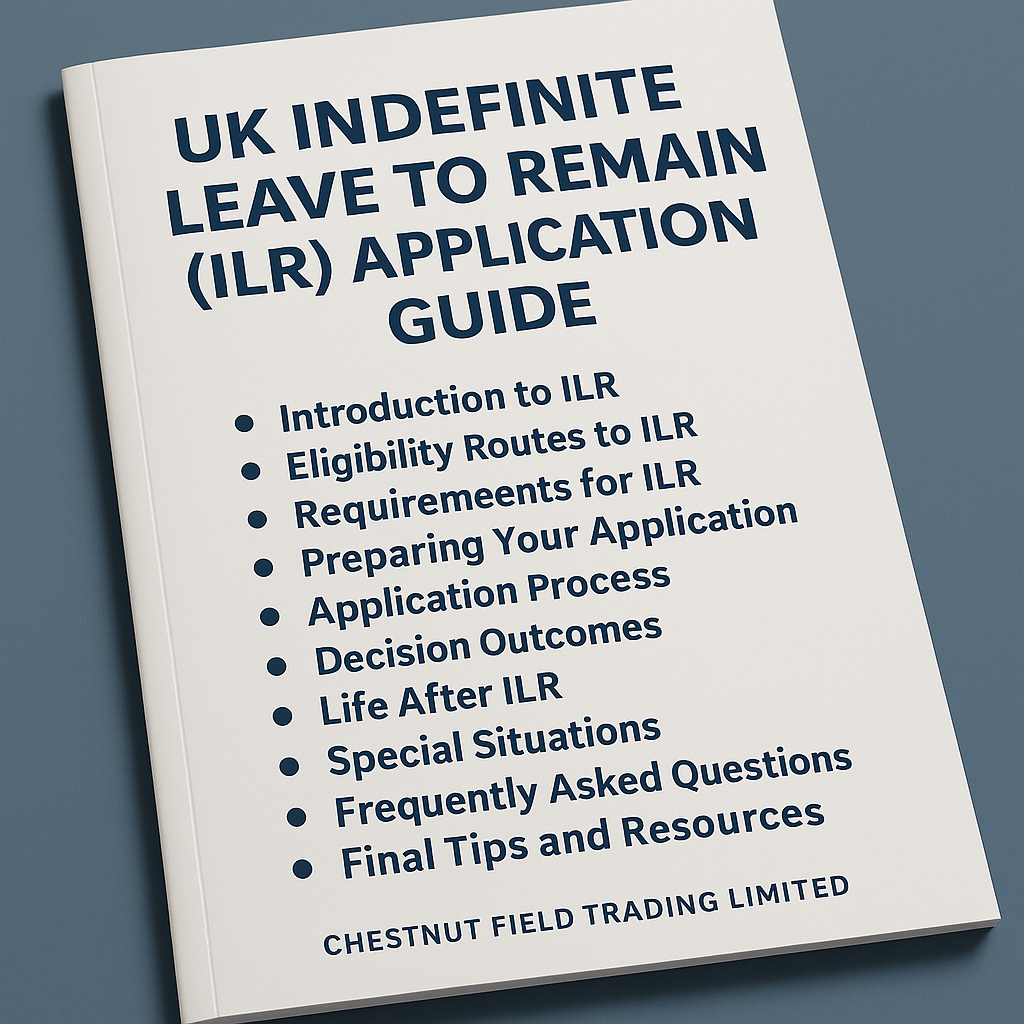 Book titled 'UK Indefinite Leave to Remain (ILR) Application Guide' on a gray background