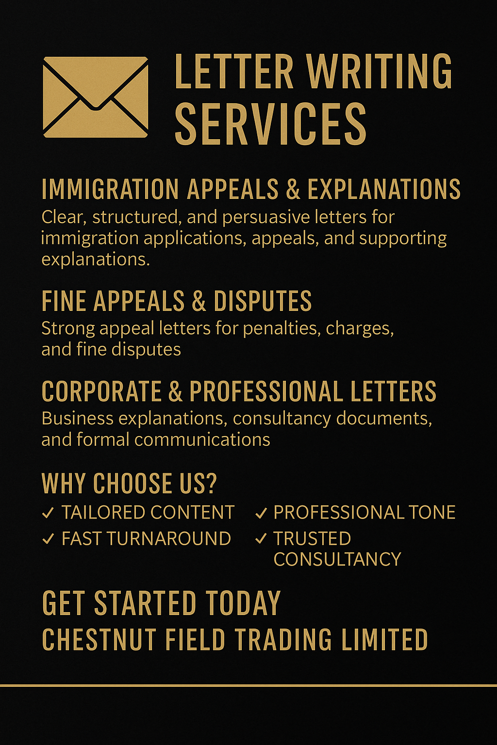 Advertisement for letter writing services with a focus on immigration, fines, and corporate communications.
