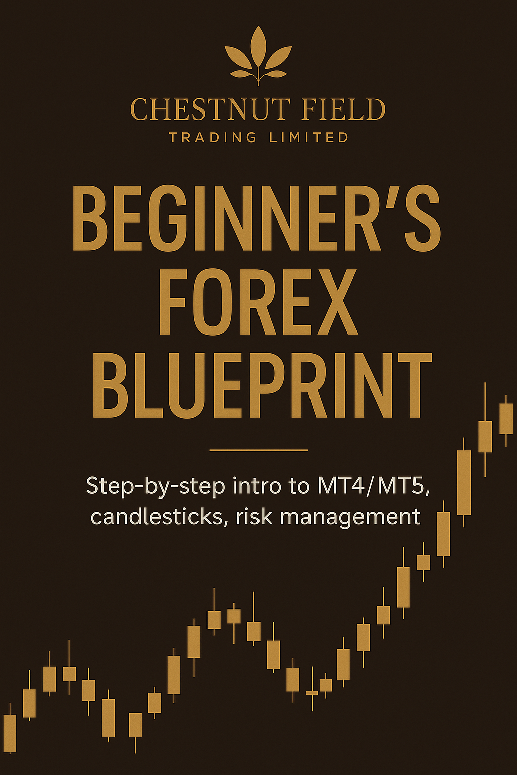 Book cover of 'Beginner's Forex Blueprint' by Chestnut Field Trading Limited on a dark background with gold text and chart illustration.