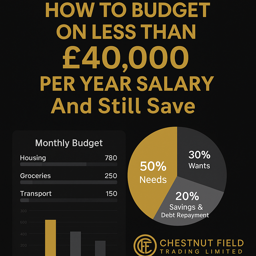 Budgeting guide for earning less than £40,000 per year with a pie chart and text on a black background.