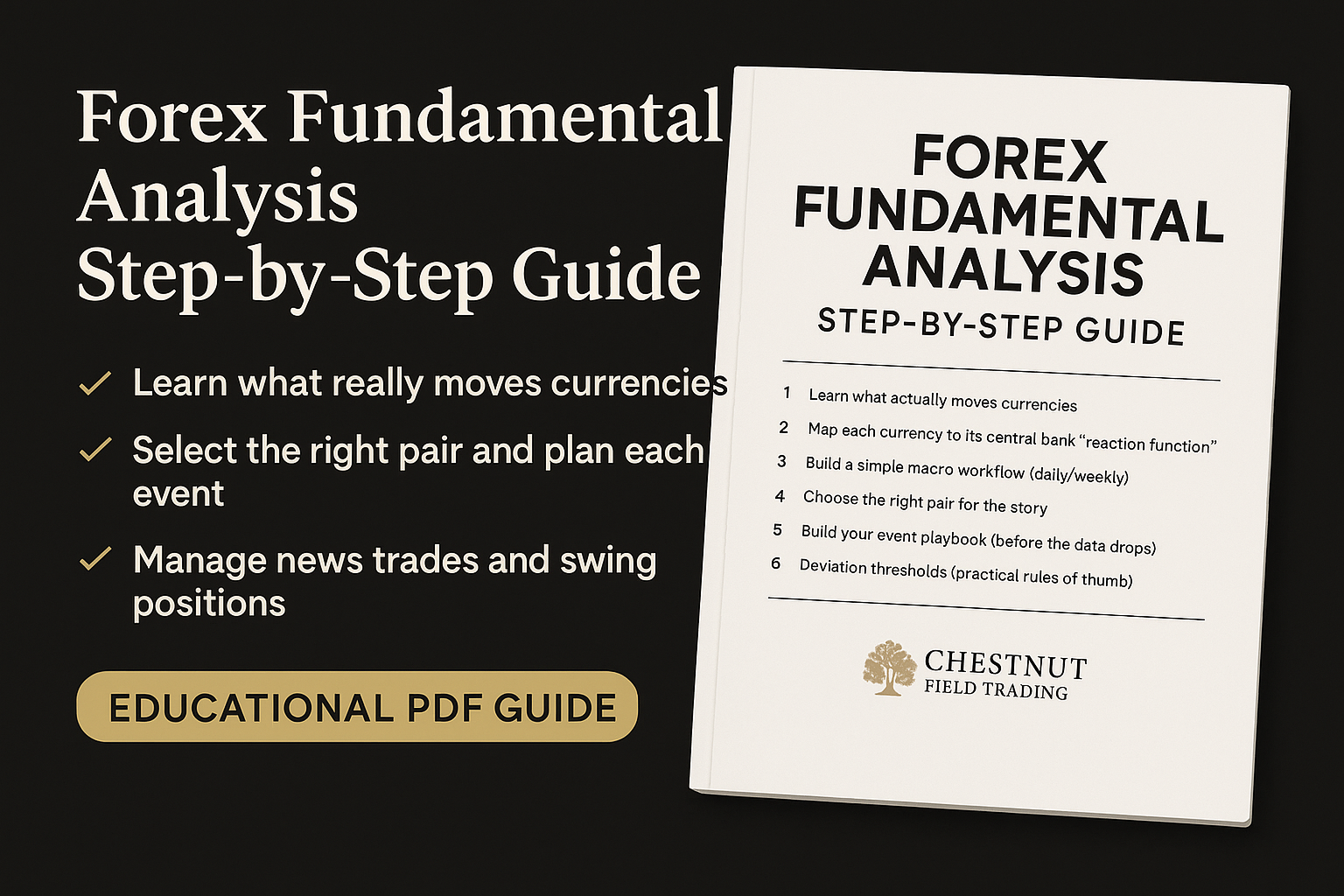 Forex Fundamental Analysis Step-by-Step Guide by Chesnut Field Trading on a black background
