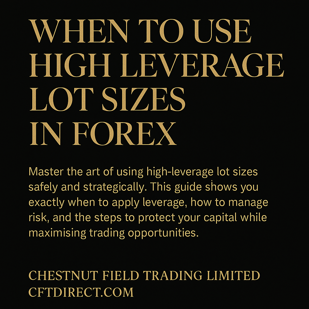Promotional text about using high leverage lot sizes in Forex with Chestnut Field Trading Limited branding.