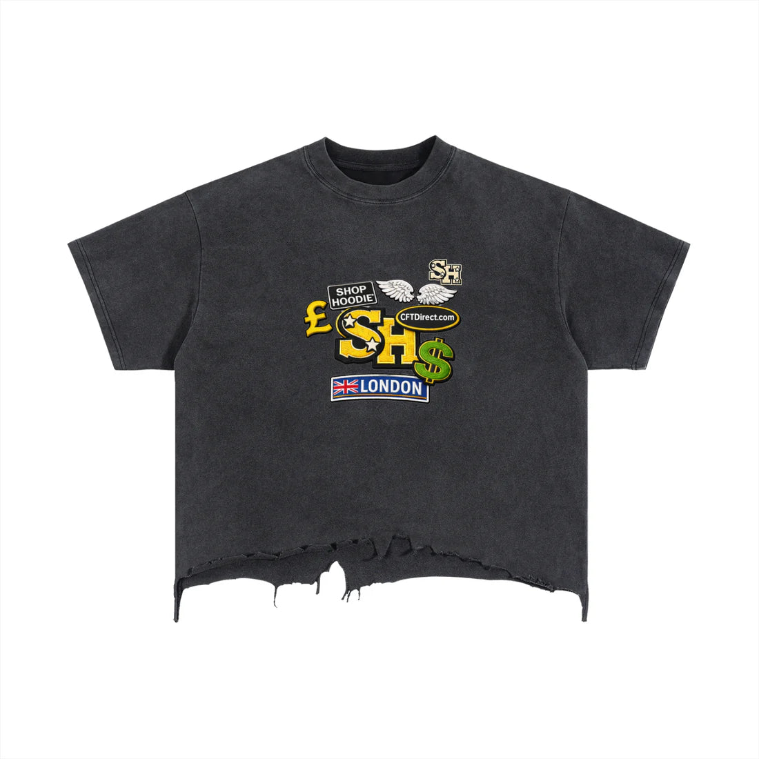 Black t-shirt ShopHoodie™with colorful graphics and text on a white background