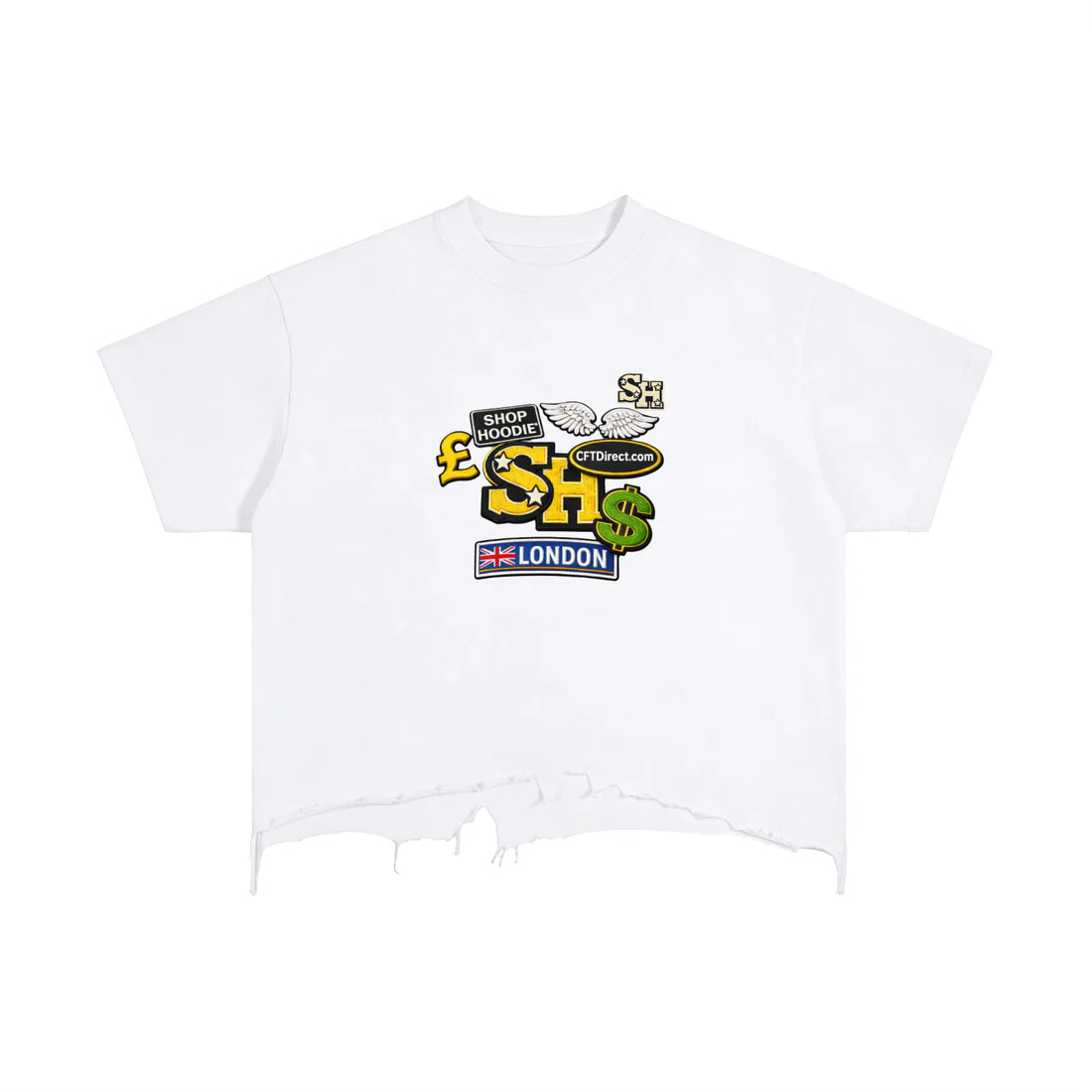 White cropped t-shirt with colorful graphics and text on a white ShopHoodie™ background