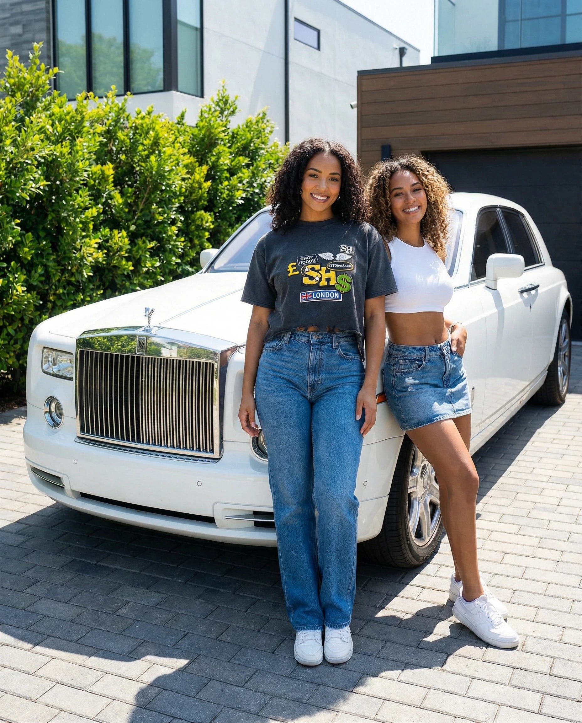 Two women standing in front of a white Rolls-Royce car on a sunny day ShopHoodie™