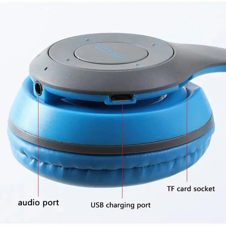 Blue and gray portable speaker with labeled ports on a white background