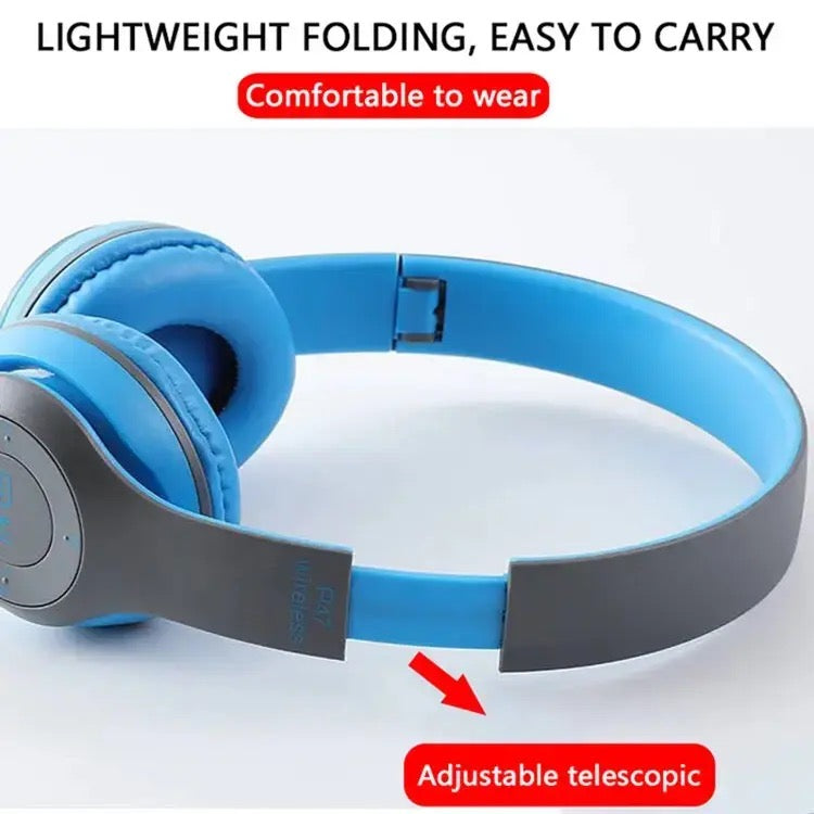 Blue and gray headphones with text highlighting lightweight folding and adjustable telescopic features on a white background.