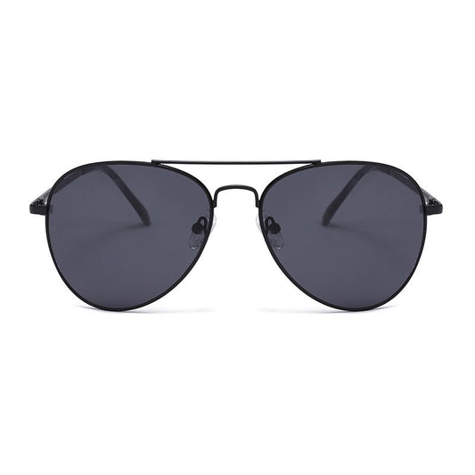 Black aviator sunglasses with dark lenses on a white background