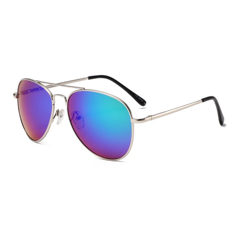 Sunglasses with colorful lenses and silver frame on a white background