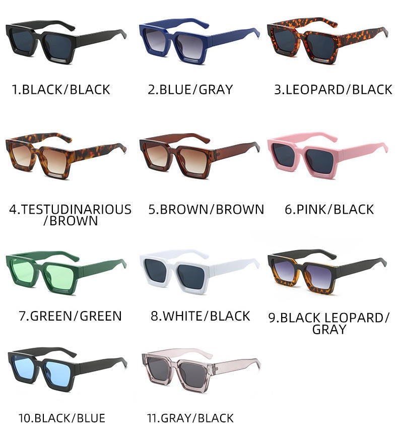 Various pairs of sunglasses with color options labeled below each pair.