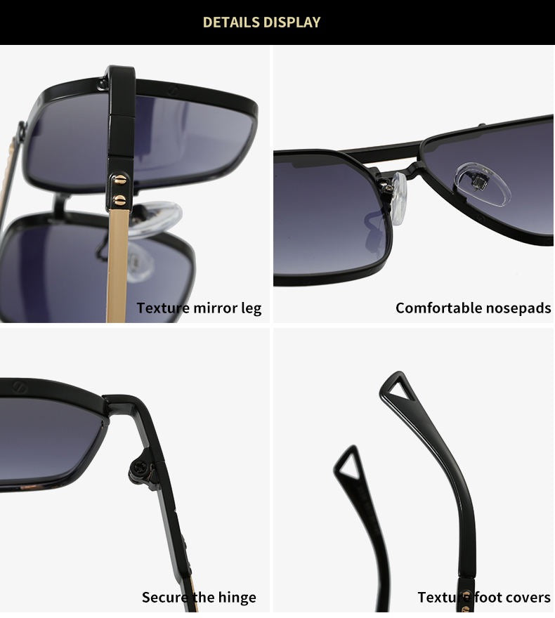 Sunglasses with detailed features including texture mirror leg, comfortable nosepads, secure hinge, and textured foot covers.
