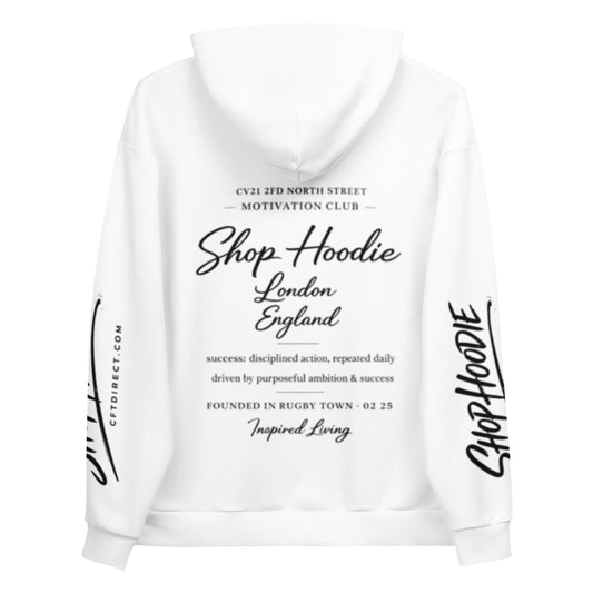 White hoodie with black text and branding on a white background