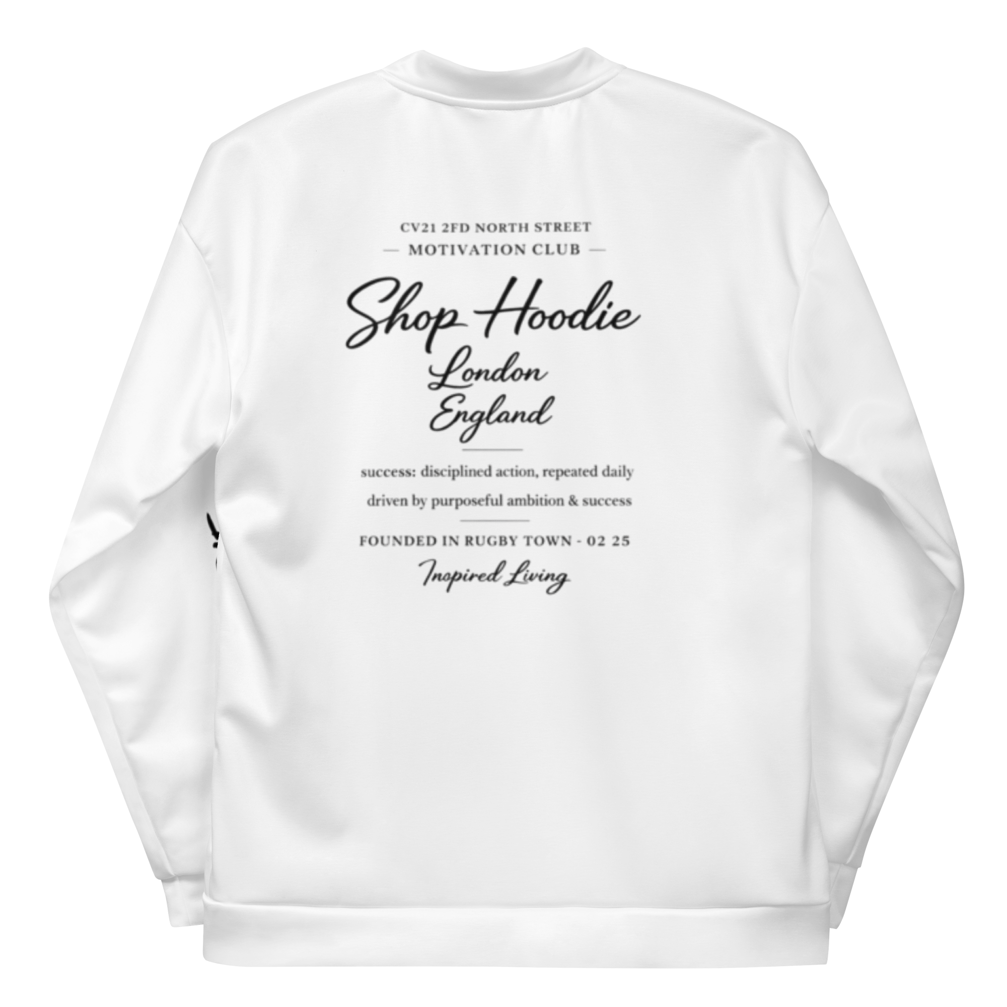 White sweatshirt with black text on a white background