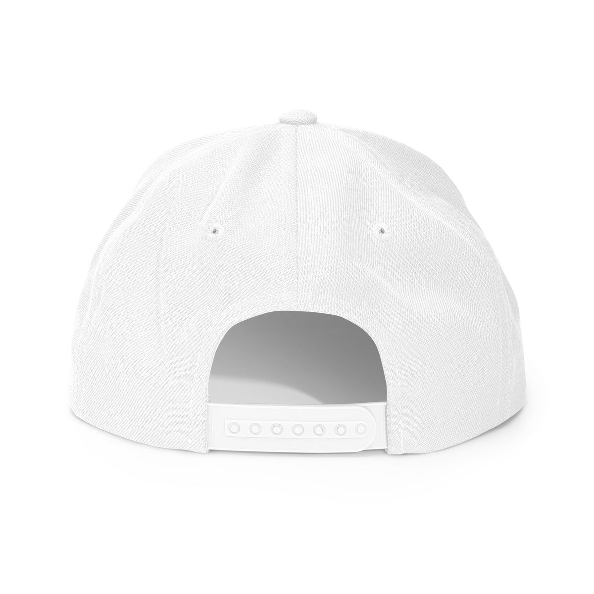 SHOPHOODIE® white embroidered snapback hat – rear view showing adjustable snapback closure