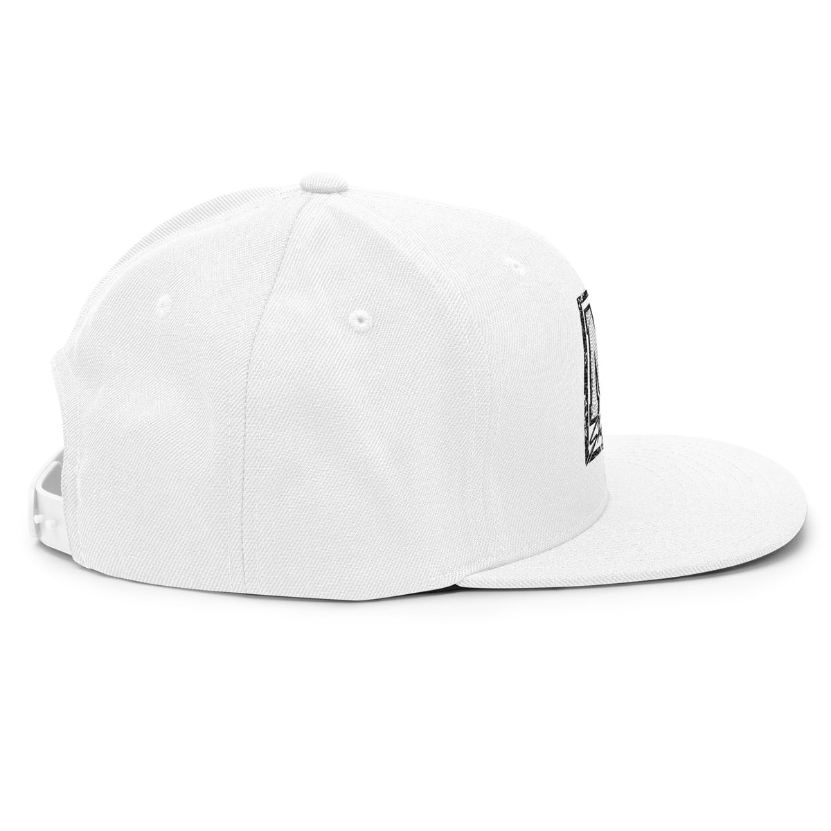 SHOPHOODIE® white embroidered snapback hat – right side profile showing structured crown and ventilation eyelets
