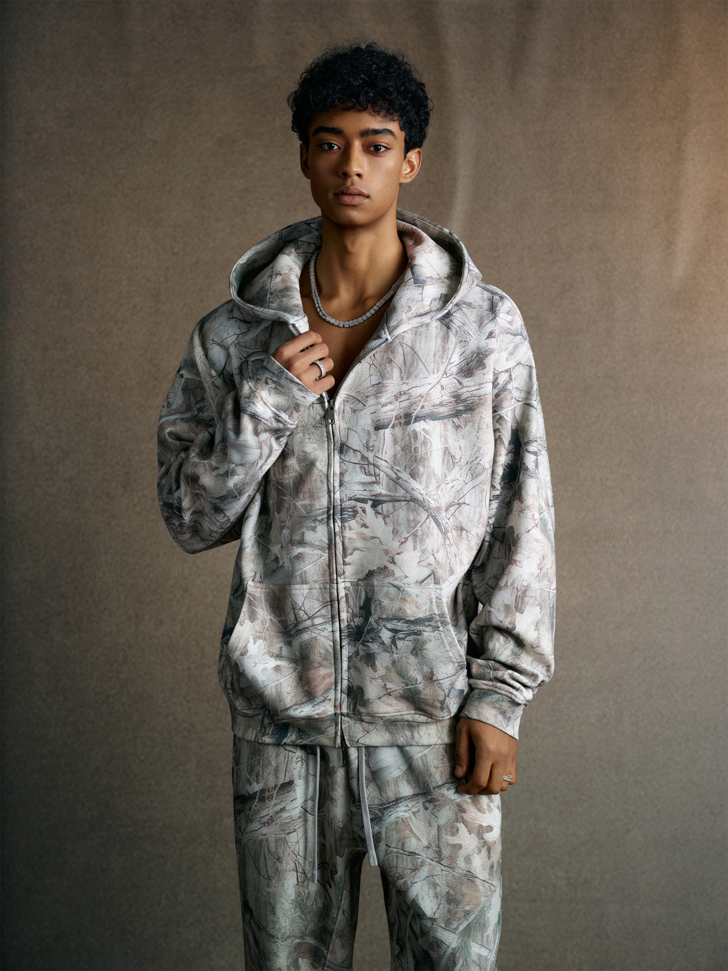 340GSM Unisex Heat Transfer Desert Camouflage Zip-Up Hoodie Branch Camouflage