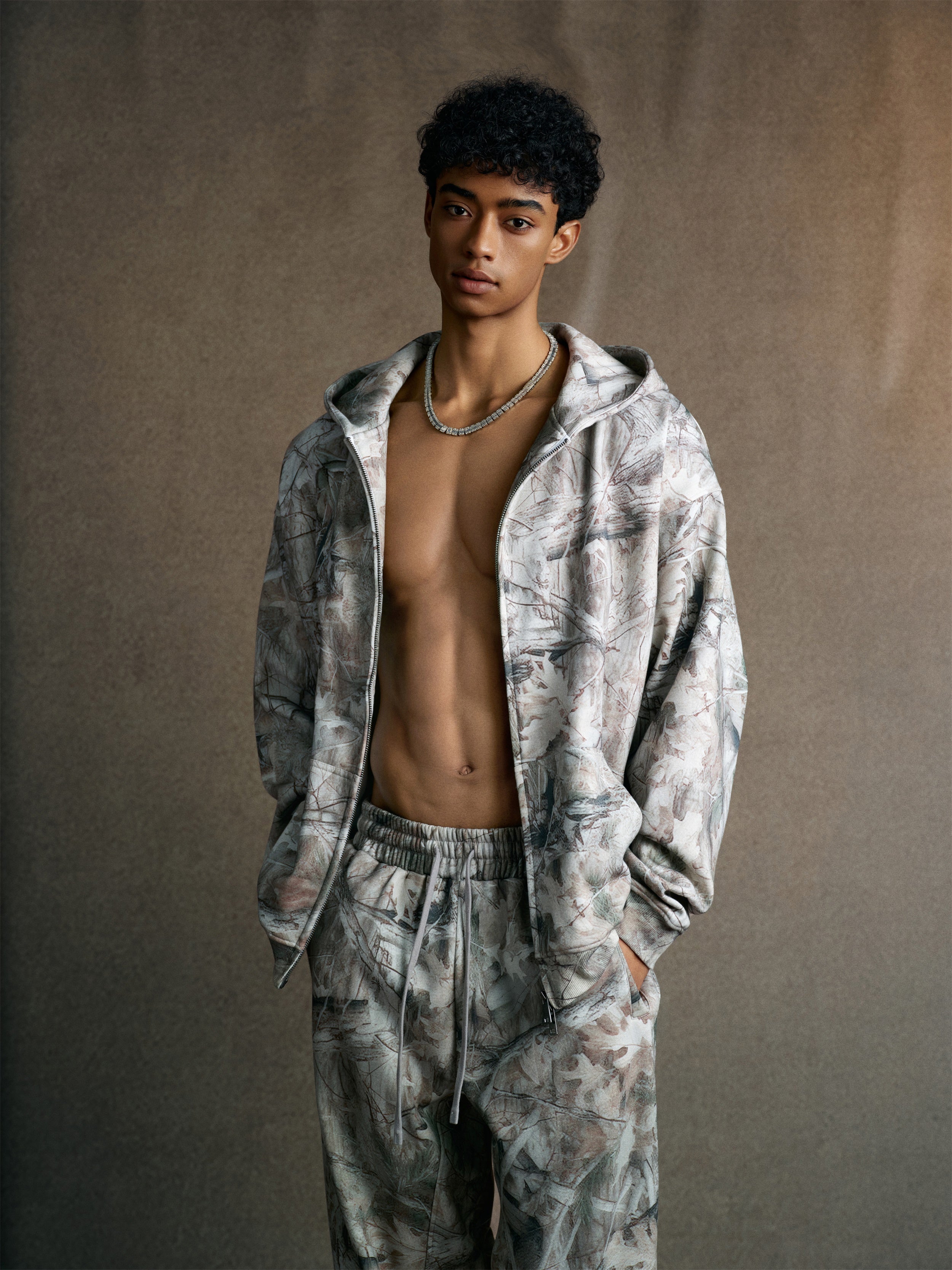 340GSM Unisex Heat Transfer Desert Camouflage Zip-Up Hoodie Branch Camouflage