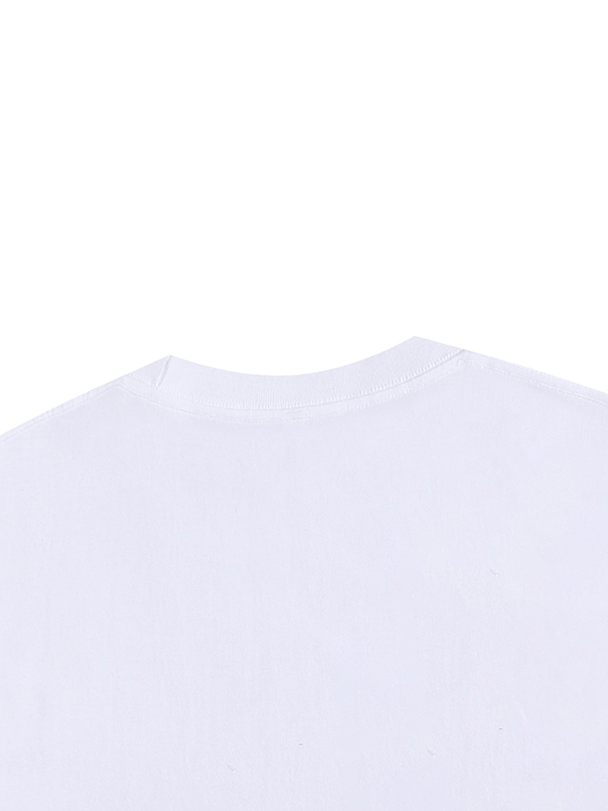 White t-shirt with a small logo on the chest against a white background