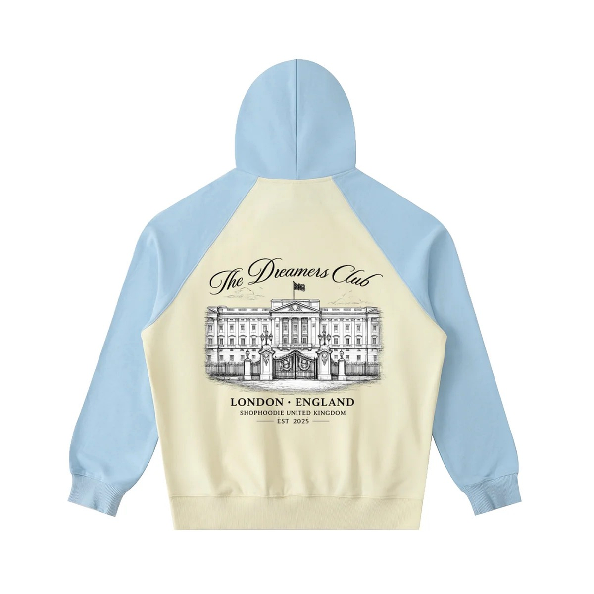 Original Dreamers Club back — Mild Apricot with Sky Blue — enhanced flat lay