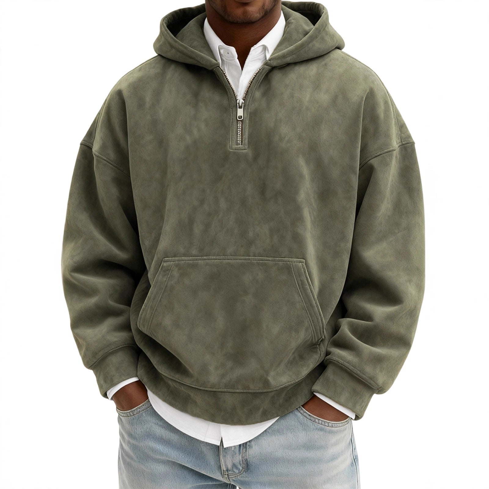 Green hoodie worn by a person on a white background