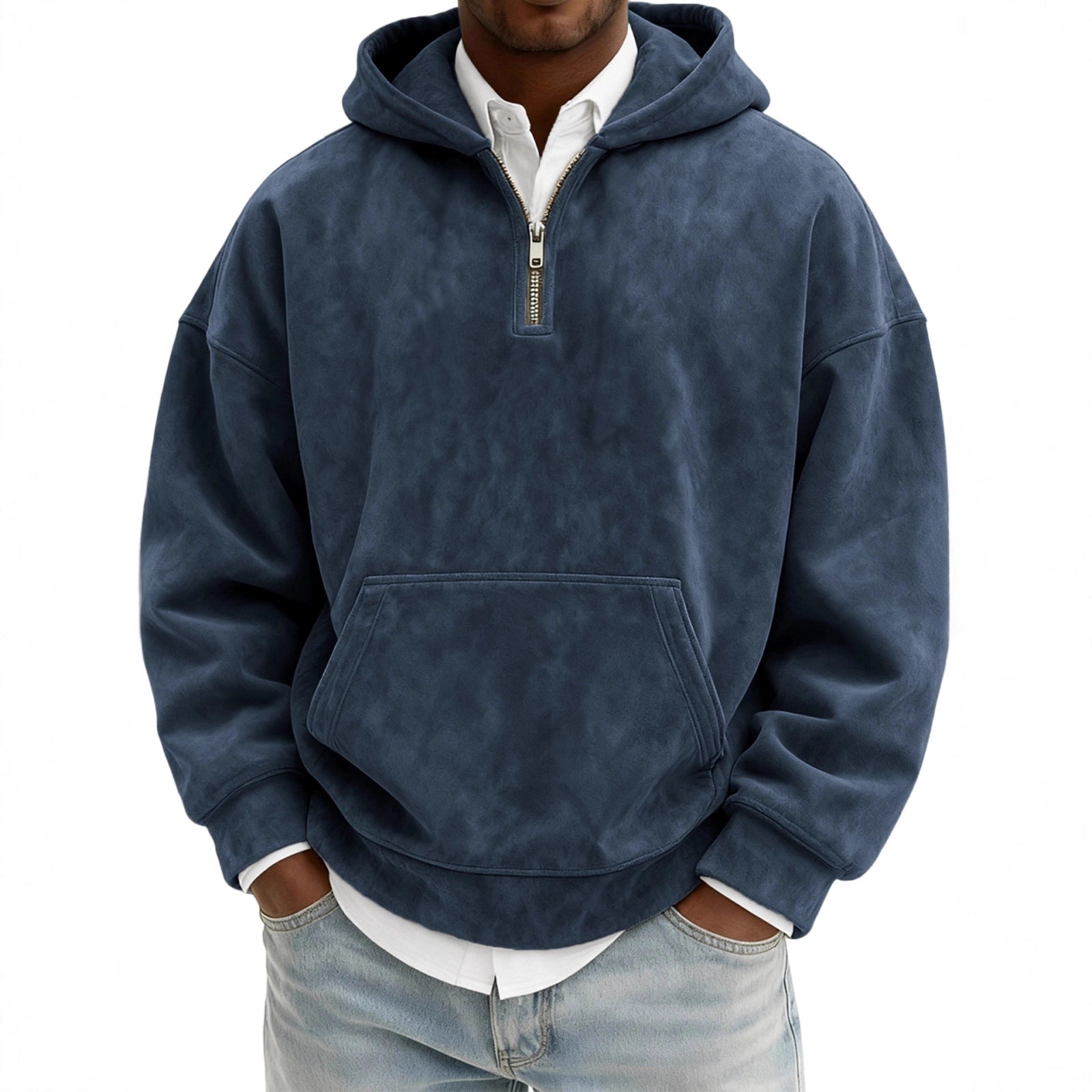 Blue pullover hoodie worn by a person on a white background