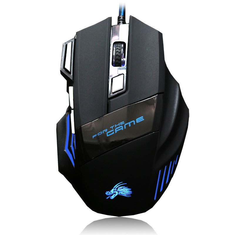 Gaming mouse with blue lighting on a white background