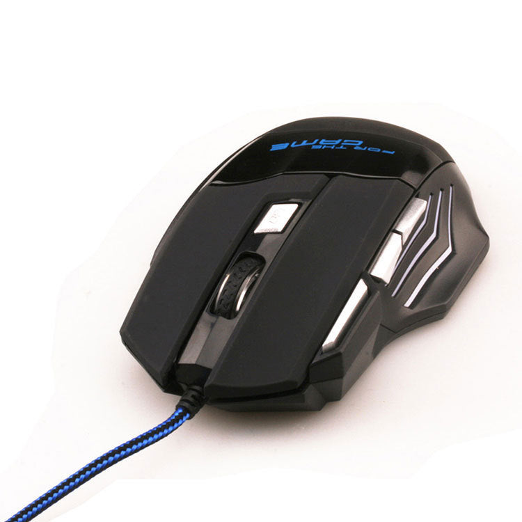 Black gaming mouse with blue accents on a white background