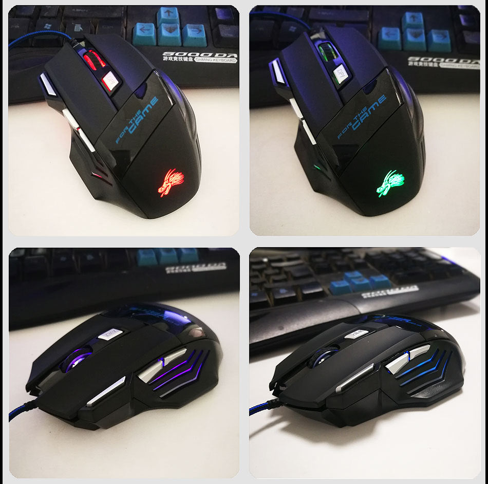 Collage of four images showing different views of a gaming mouse with colorful LED lighting on a keyboard background.