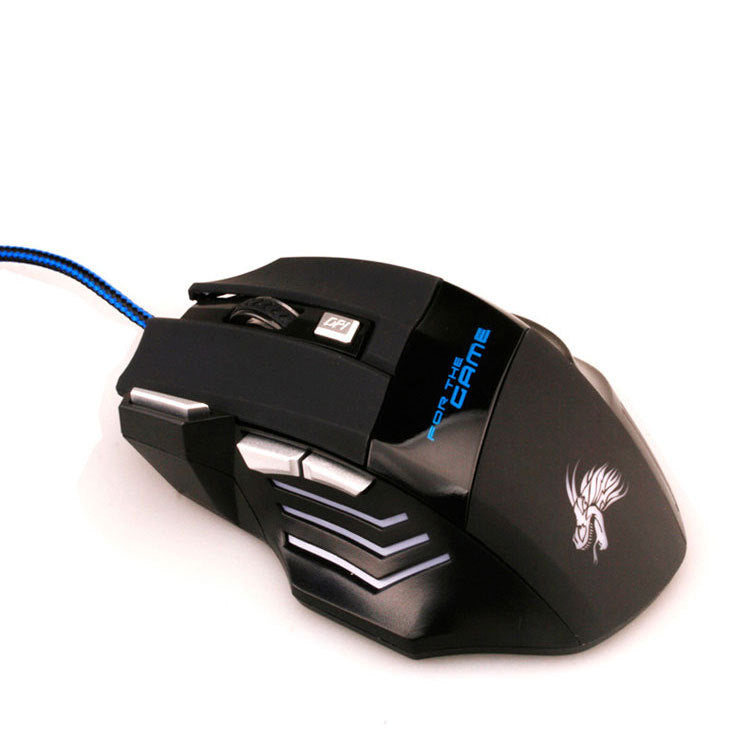 Black gaming mouse with blue lighting on a white background