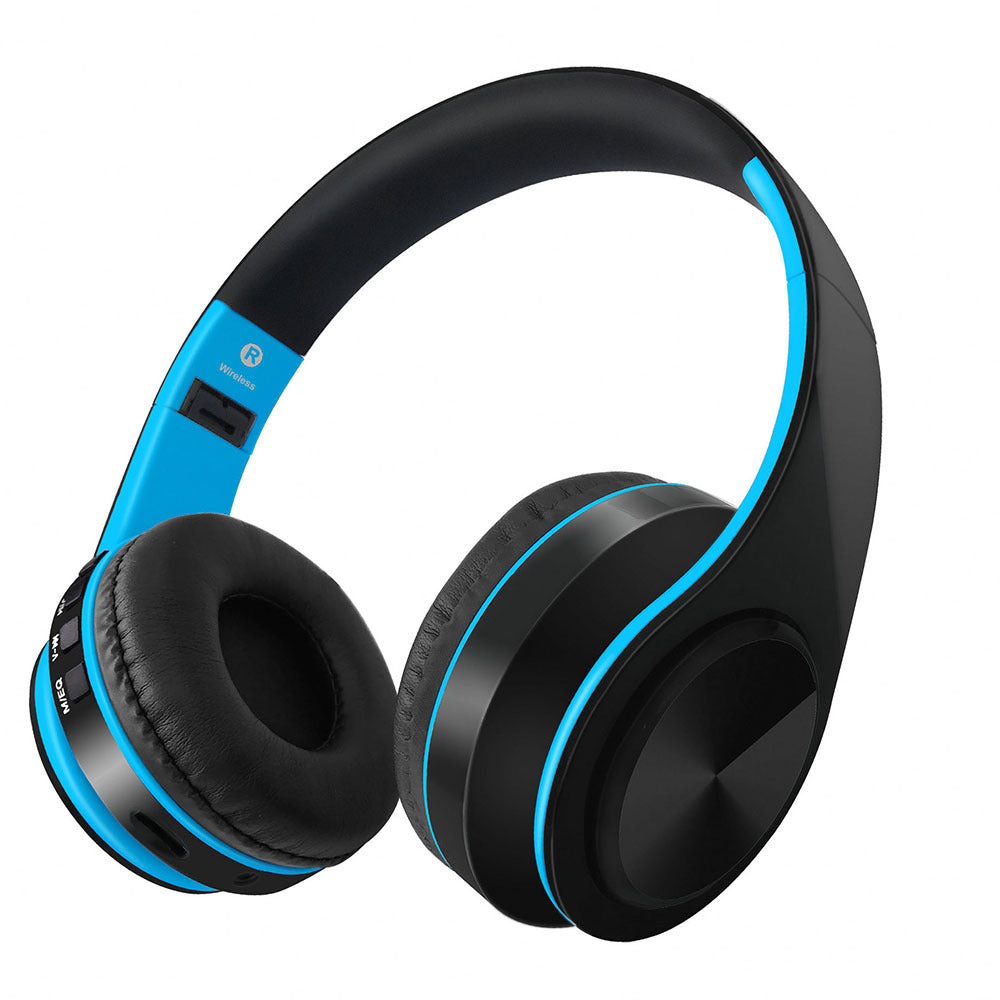 Black and blue headphones on a white background