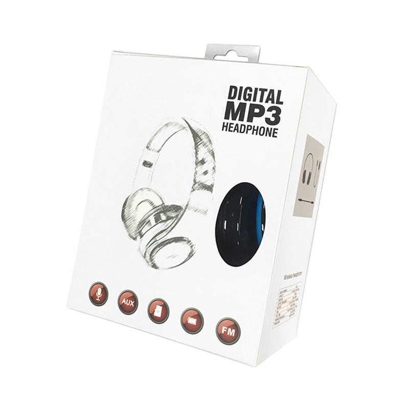 Digital MP3 Headphone packaging with headphone illustration and feature icons on a white background