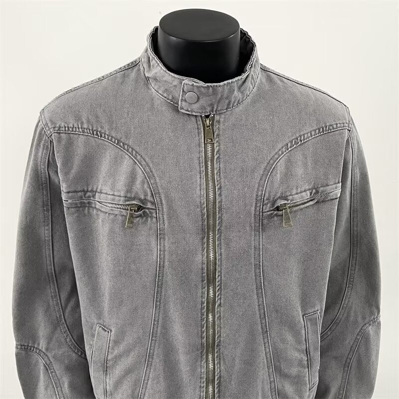 Gray denim jacket on a mannequin against a white background