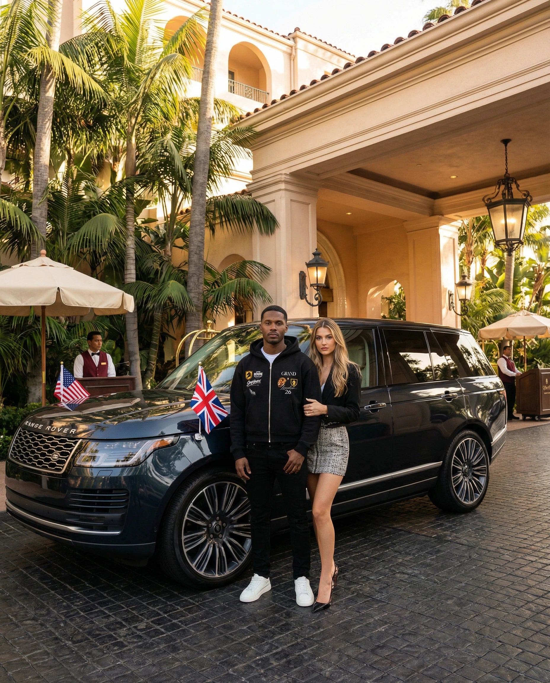 Two people standing next to a black Range Rover in front of a hotel entrance with palm trees in the background ShopHoodie™
