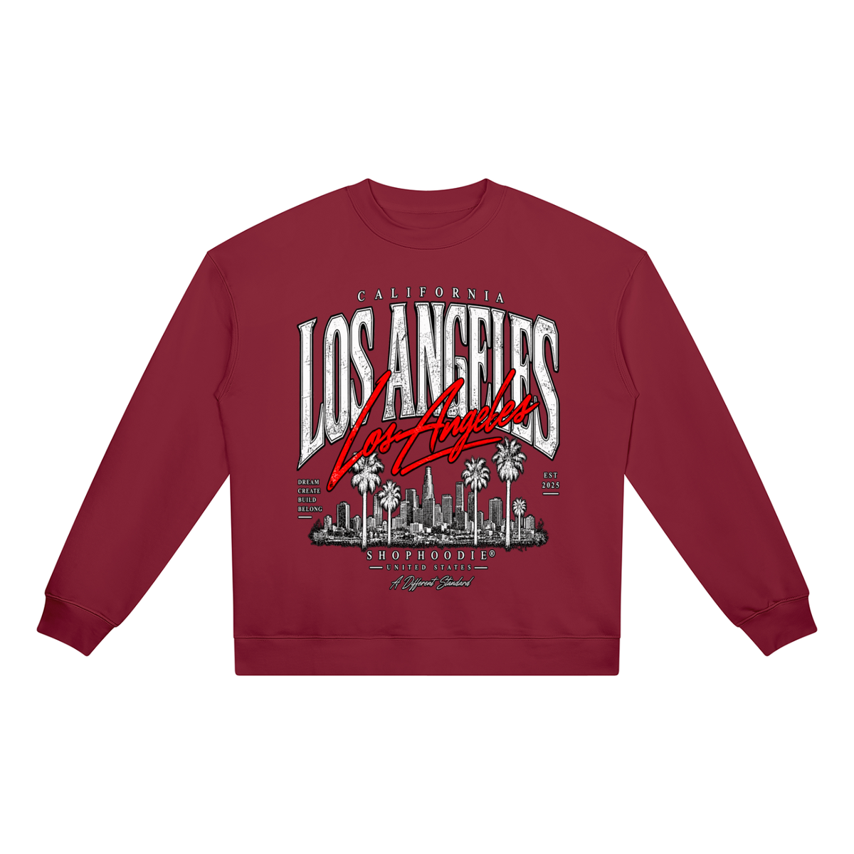 SHOPHOODIE® AVANT Los Angeles Crewneck Sweatshirt in Wine Red — top half of this complete set