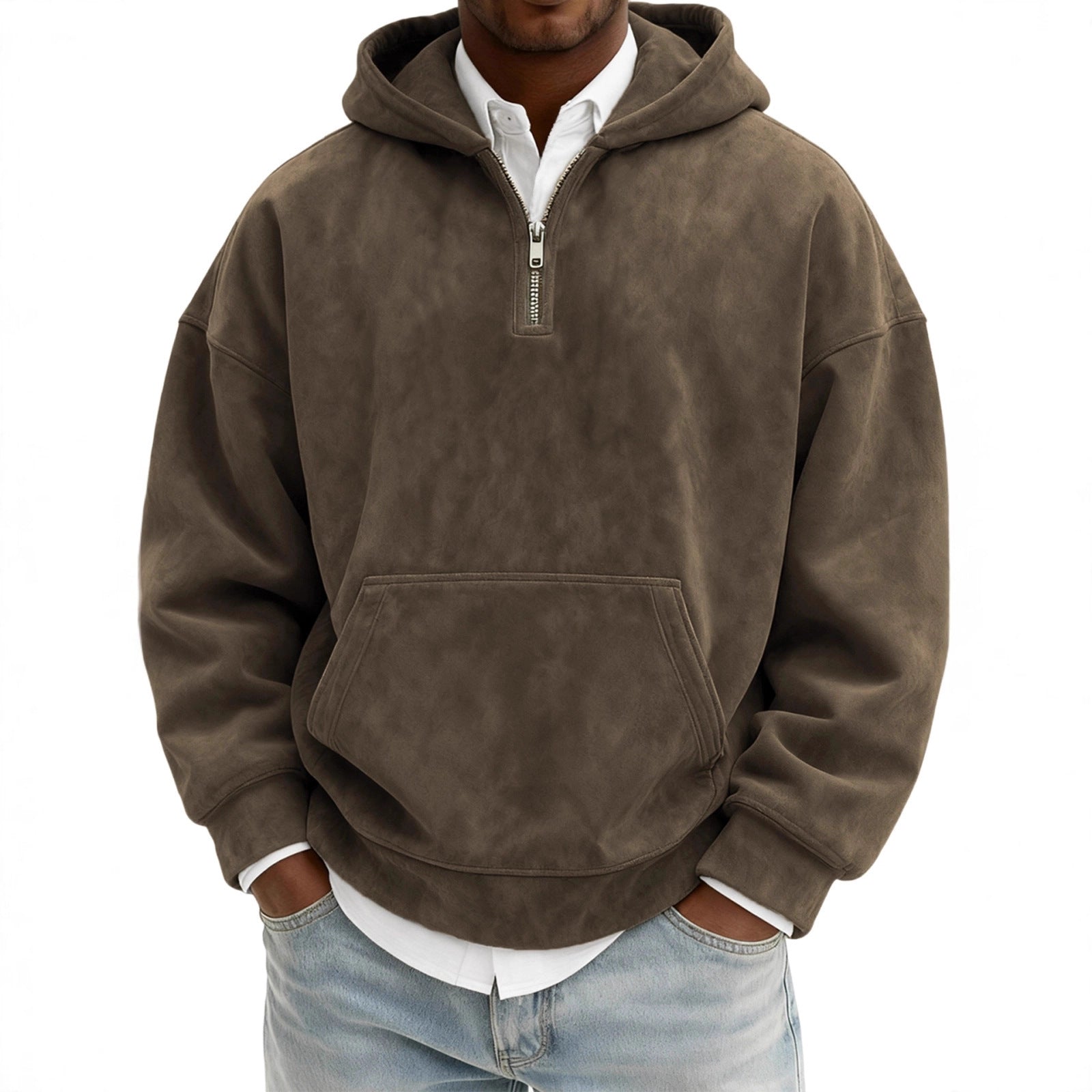 Brown hoodie worn by a person on a white background