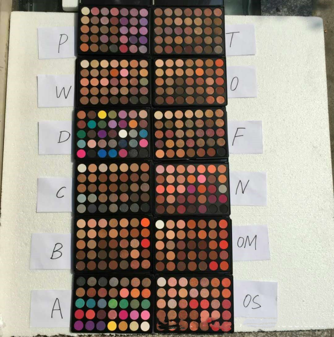 Makeup palette with color swatches labeled on a white background