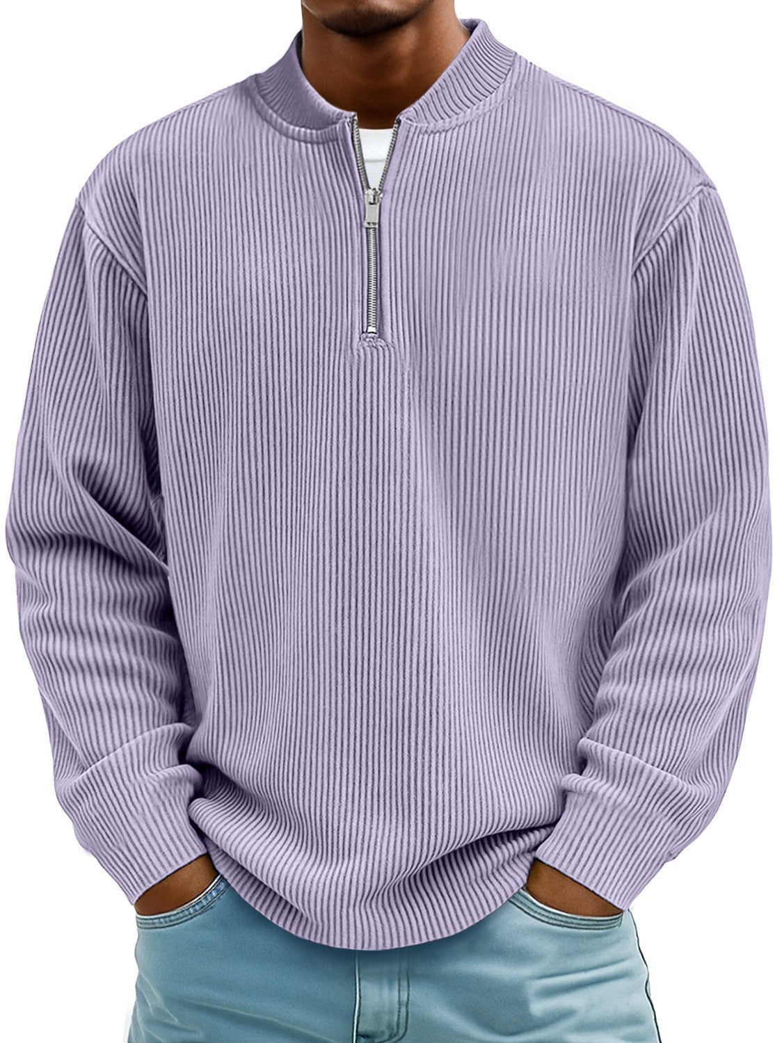Person wearing a light purple ribbed sweater with a zipper on a white background