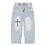SHOPHOODIE® CRUCIFIX Men's Vintage Wash Sunfade Barrel Leg Jeans