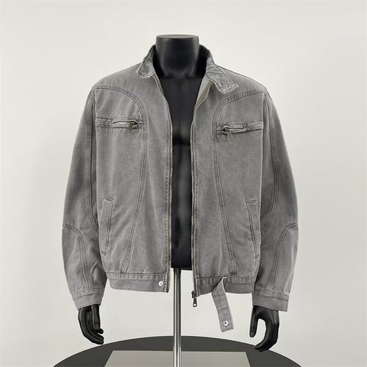 Gray denim jacket on a mannequin against a white background