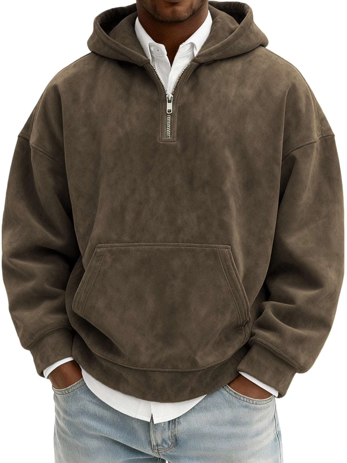 Brown hoodie worn by a person on a white background