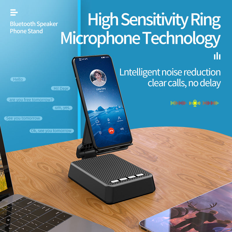 Phone stand with high sensitivity ring microphone technology on a wooden surface