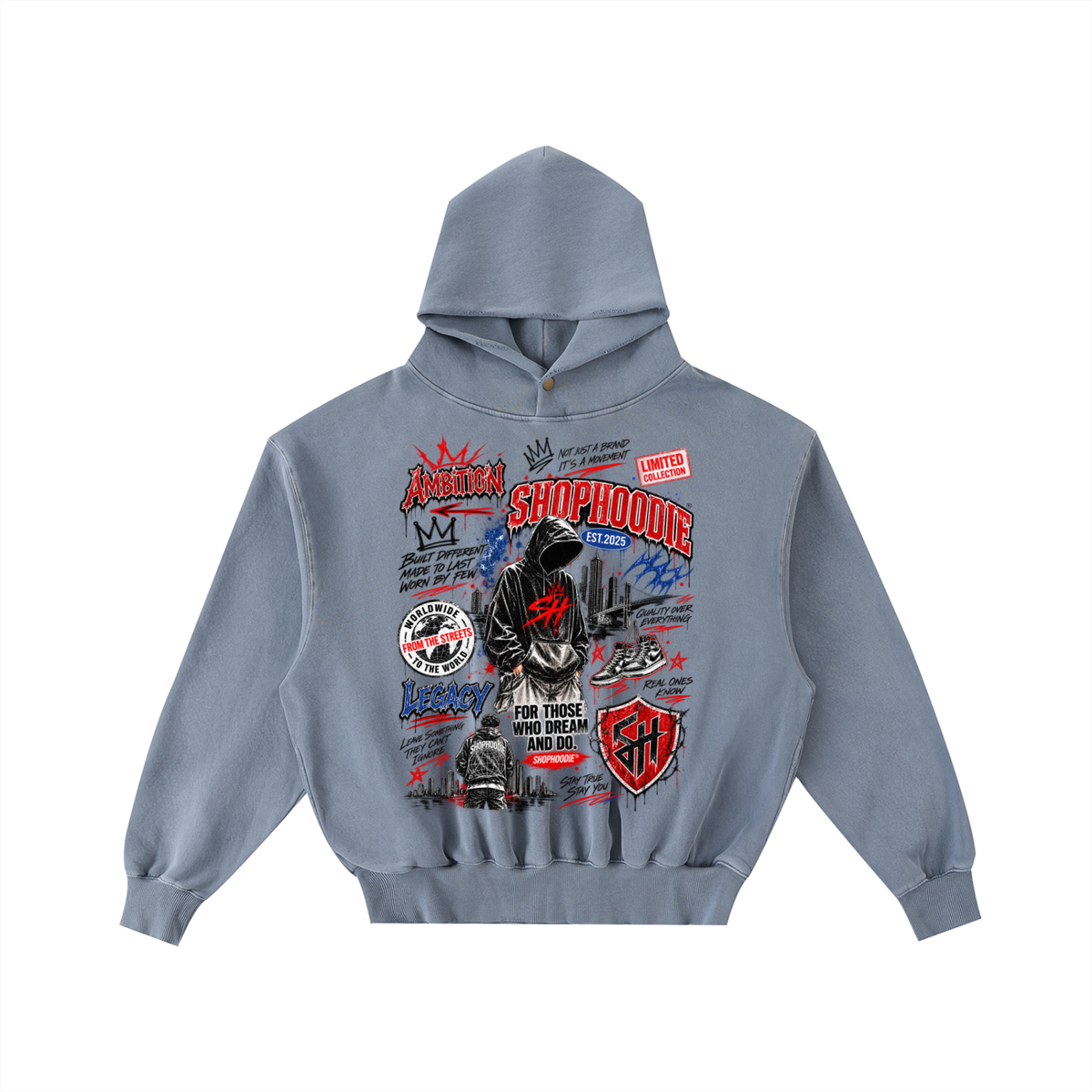 SHOPHOODIE® LONDON AMBITION IN MOTION Frayed Vintage Wash Oversized Fleece Hoodie — 350 GSM — product image 7