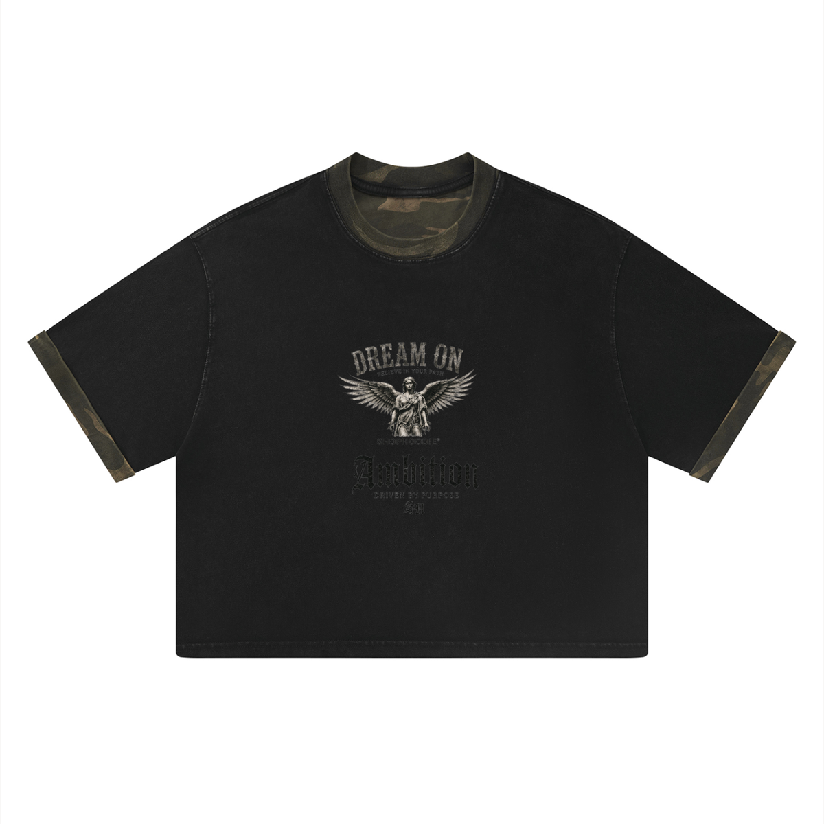 SHOPHOODIE Ambition Dream On camo boxy panel T-shirt
